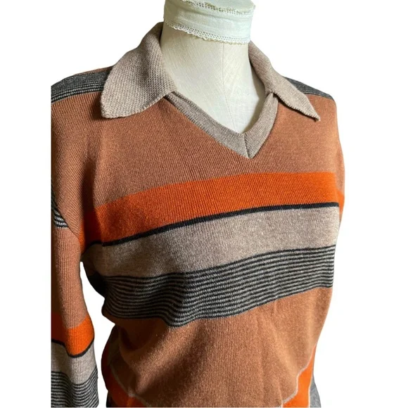 Vintage 70s Campus Knit Striped Collared V-Neck Long Sleeve Sweater Brown - Picture 5 of 10